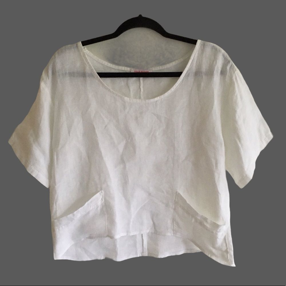 TALIA BENSON Linen Oversized Cropped Short Sleeve Blouse White S